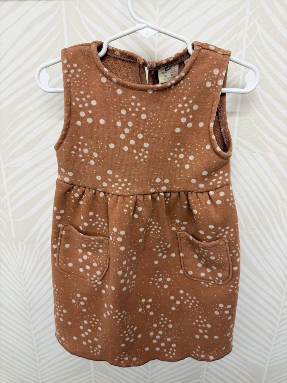 Zara Baby Girl Tan Fleece Polka Dot Pinafore Dress, Size 3-4 Years
